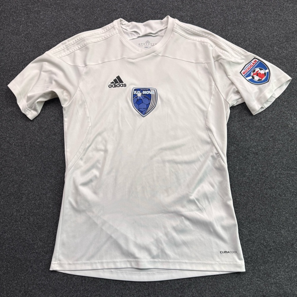 Adidas Boys XL white & blue Soccer Jersey with Logo Patches